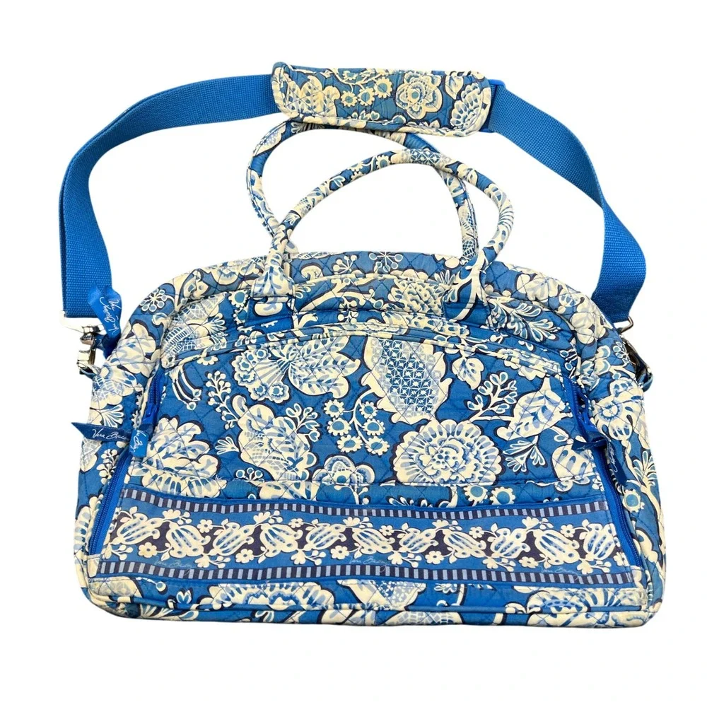 Vera Bradley Blue Floral Quilted Laptop Travel Bag Shoulder Strap 16x12x6